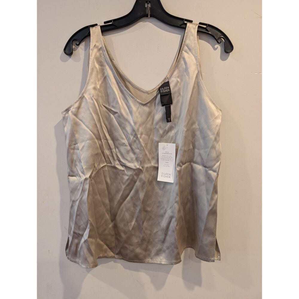 Eileen Fisher New Silk Charmeuse Tank Top Silver M Old Money Lux